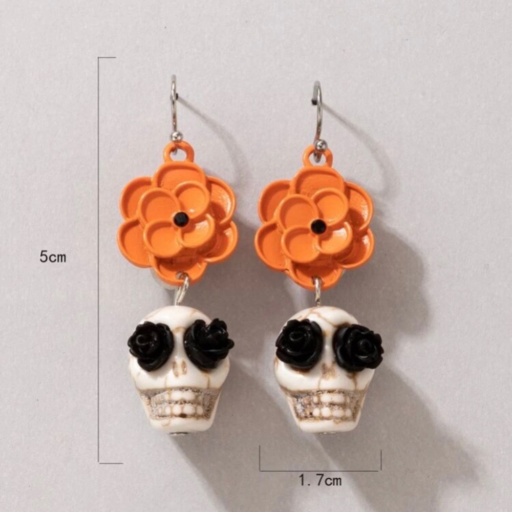 Orange Flower Sugar Skull Skeleton Earrings - Picture 3 of 7